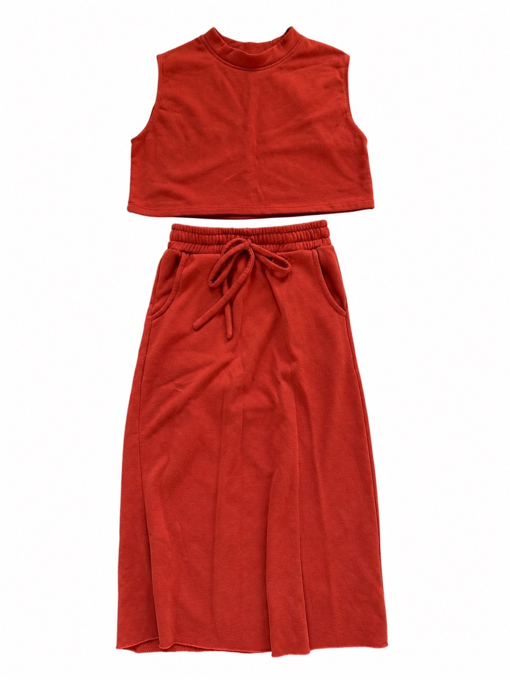 Rust 2-Piece Crop Top & Midi Skirt Lounge Set Cozy fleece-lined stretch knit fab